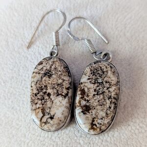 Picture Jasper Natural Stone Earrings Sterling Silver 925 Brown Black Fish Hook